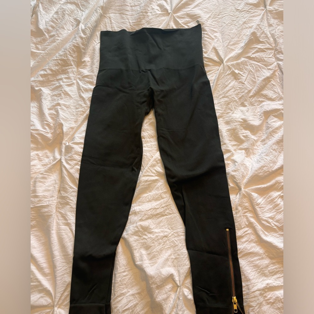 SPANX Army Green Leggings with Gold Zipper